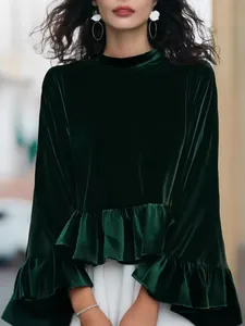 Elegant dark green silk velvet ruffle top with flared sleeves and high neck for women