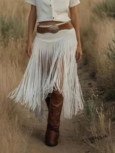 Vintage weißer Fransenrock aus Wildlederimitat für Damen im schicken Boho-Western-Stil