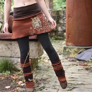 Bohemian style contrast color patchwork irregular skirt leggings with owl print detail