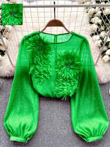 Close-up of green sheer chiffon blouse featuring 3D floral appliques and lantern sleeves