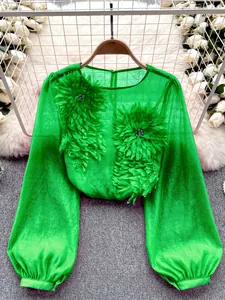 Detail of green semi-sheer chiffon blouse with 3D floral appliqués and lantern sleeves.