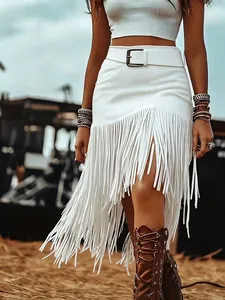 Elegant high waist white fringe tassel skirt with matching belt for bohemian summer look