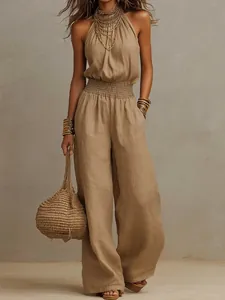 Women Halter Neck Backless Jumpsuit Sleeveless Wide Leg Jumpsuit Solid Color Casual Vacation Polyester Romper