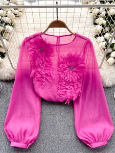 Detail of a magenta sheer chiffon blouse with 3D flower appliqués and lantern sleeves.