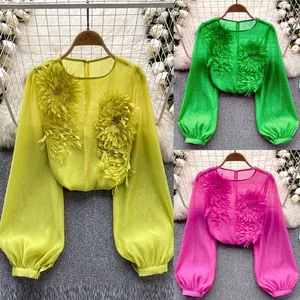 Women Elegant 3D Flower Applique Chiffon Top Lantern Sleeve Sheer Blouse Loose Pullover Rhinestone Embellished Shirt