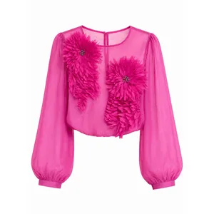 Elegant hot pink 3D floral appliqué lantern sleeve semi-sheer chiffon blouse top