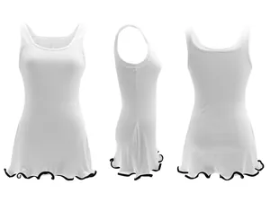 Front, side, and back views of a white ribbed sleeveless mini dress with wavy hem
