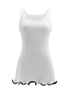 Detailed view of white ribbed texture and black wavy hemline on this sleeveless dress