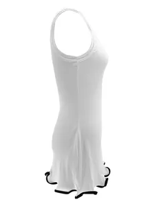 Side view of white sleeveless ribbed knit bodycon dress with black wavy ruffle hem