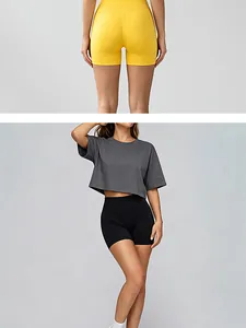 Ensemble de yoga sans couture pour femmes avec haut court gris et short noir