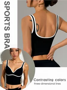 Dames Geribbelde Yoga Tanktop Contrastkleur Vaste Cup Schokbestendige Sportbeha Mouwloos Hardlopen Fitness Workout Top