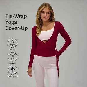 Long sleeve burgundy wrap-over yoga cover-up top for Pilates and ballet style