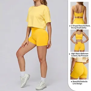 Ensemble de yoga jaune sans couture avec haut court, brassière et short taille haute