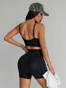 Detailed rear view of a black seamless high-waist shorts and adjustable bra yoga set