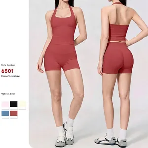 Tenue de Yoga Dos Nu Sans Couture pour Femmes Polyamide Extensible Élasthanne Débardeur de Sport et Short Taille Haute Fitness Haut et Bas