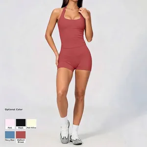 Ensemble de yoga dos nu sans couture pour femme avec débardeur et short de cycliste