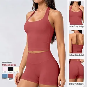 Ensemble de yoga sans couture pour femmes avec brassière dos nu et short de sport