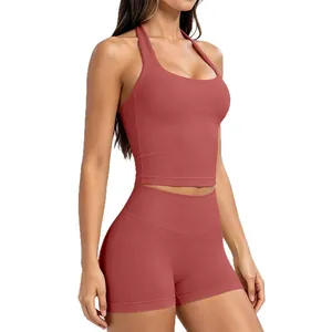 Ensemble de yoga sans couture avec brassière dos nu et short taille haute terre cuite