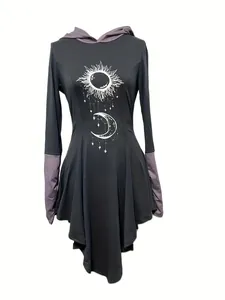 Gothic Kapuzenkleid für Damen mit einem vintage Sonne- und Mond-Himmelsgrafikdruck