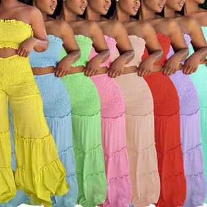 Conjunto de moda para mujer con top palabra de honor y pantalón de pierna ancha