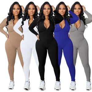 Ribbed long sleeve zip-up athletic jumpsuits for women in five stylish colors