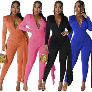 Detail showing the sexy deep V-neck long sleeve jumpsuits in various vibrant solid colors