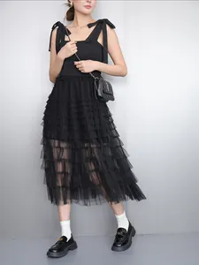 Elegant black mesh patchwork sleeveless midi dress with tiered tulle skirt detail