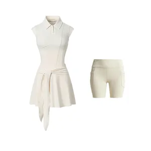 Damen Tennis-Set in Cremeweiß: Kleid mit Polokragen und passenden Sicherheitsshorts