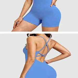 Détail d'un body de yoga bleu avec un design élégant de dos nu aux bretelles croisées
