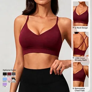 Seamless knitted yoga sports bra with crisscross back and removable chest pads in burgundy