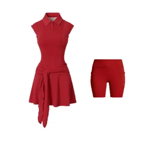 Vibrant red sleeveless sports tennis dress with tie-waist and matching safety shorts set