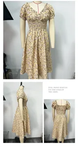 Detailed view of yellow floral French vintage dress with puff sleeves and smocked waist