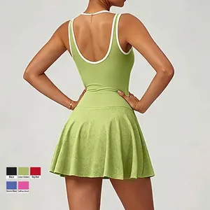 Breathable quick-dry green pleated tennis dress with white trim and open back