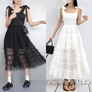 Elegant Women Mesh Stitching Sleeveless Sling Maxi Dress Bow Tie Straps Tiered Ruffle Hem Solid A-Line Dress Party Gown