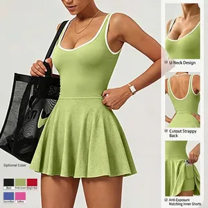 Breathable athletic tennis dress with built-in shorts and side pockets for women