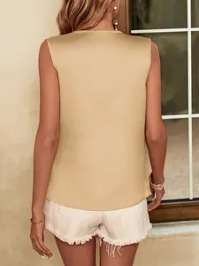 Detailed back view of a chic sleeveless champagne satin top for women outdoors