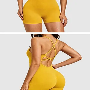 Vue arrière d'un body de yoga jaune avec bretelles croisées et détail du dos nu.