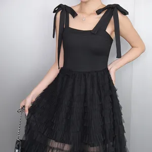 Elegant women's black sleeveless mesh patchwork A-line dress with bow shoulder straps