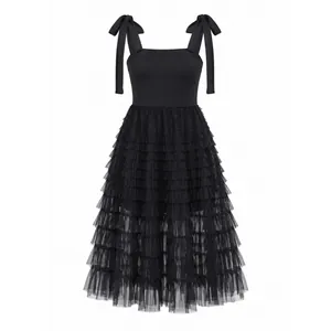 Elegant black sleeveless tiered tulle midi dress with adjustable bow shoulder ties