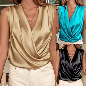 Women Sleeveless Satin Shirt Sexy Deep V-Neck Pleated Tank Top Elegant Polyester Draped Blouse For Party Banquet Summer Clothing