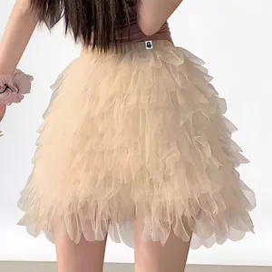 Jupe corta en tulle superposé abricot doux avec short de sécurité intégré pour filles