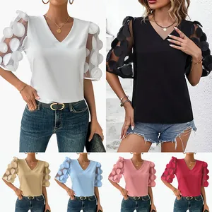 Women V Neck Puff Sleeve Top Summer 3D Hollow Dot Mesh See-Through Blouse Elegant Casual Solid Color Slim Fit Shirt