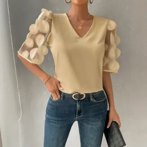 Elegant V-neck beige blouse with 3D polka dot sheer puff sleeves for summer fashion