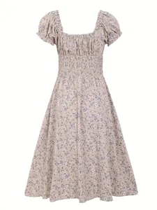 French vintage floral midi dress with puff sleeves and smocked waist detail