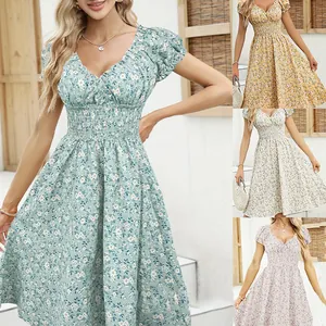 Women French Vintage Floral Puff Sleeve Midi Dress Elegant V-Neck Smocked High Waist A-Line Printed Vacation Summer Dress