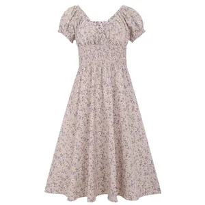 Vintage French floral puff sleeve midi dress with V-neck and smocked waist design