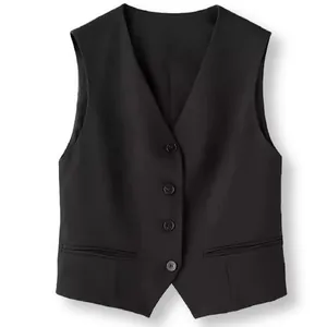 Chaleco de traje negro minimalista para mujer con cuello en V y cierre de cuatro botones