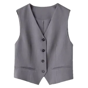 Chaleco de traje gris minimalista para mujer con cuello en V y botones