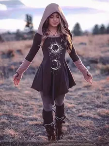 Vintage Gothic Kleid Mit Kapuze Für Damen Himmelsdruck Sonne Mond Sterne Langarm Unregelmäßiger Saum A-Linie Midi Kleid