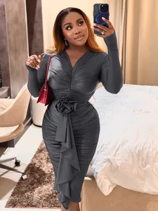 Elegant long sleeve V-neck ruched dress with rose waist detail in charcoal grey